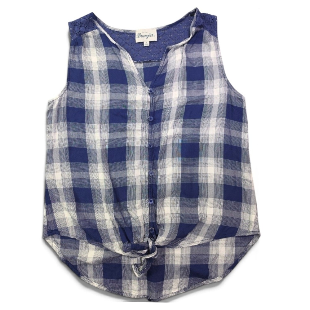 Wrangler Womens M Blue Plaid Lace Yoke Tie Front Sleeveless Western Top